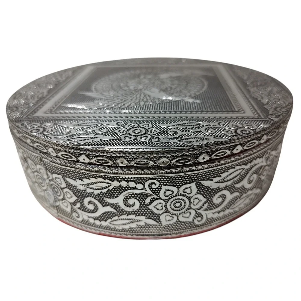 New Handcrafted Jewelry Trinket Box Embossed Birds Aluminum and Red Velvet India